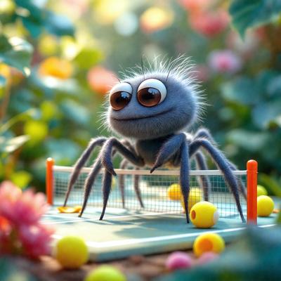 The primary subject of the image is a cute, anthropomorphic spider with googly eyes, sitting on a tennis net and surrounded by tennis balls. The setting is a lush, colorful garden with a variety of flowers, creating a vibrant and cheerful atmosphere. The visual style is a combination of digital art and illustration, giving the image a whimsical and playful appearance. The dominant colors are green, yellow, and pink, reflecting the garden's vibrancy and the spider'